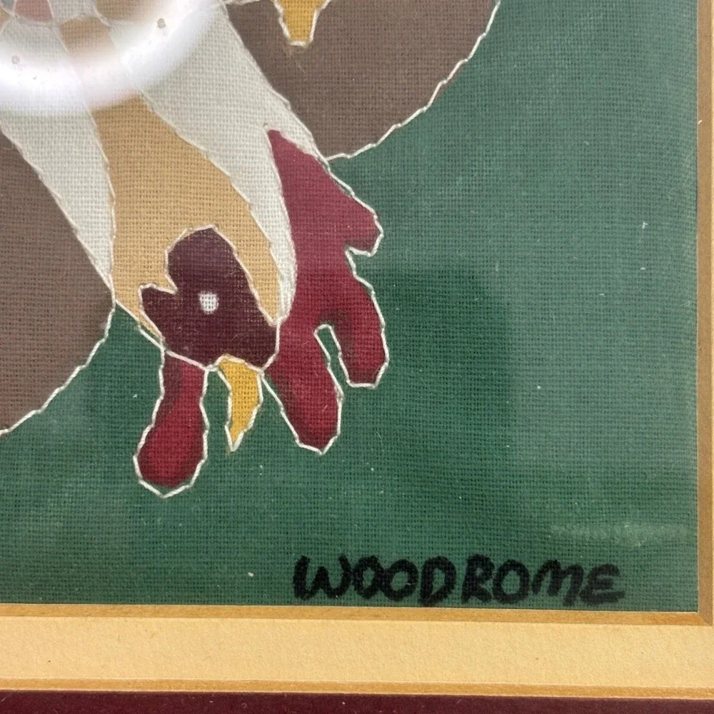 Vintage Woodrome‎ Fabric Applique Rooster Hen Textile Art Framed Farmhouse Decor